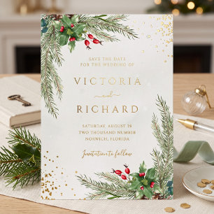 Winter Holiday Botanical Greenery Wedding Foil Invitation