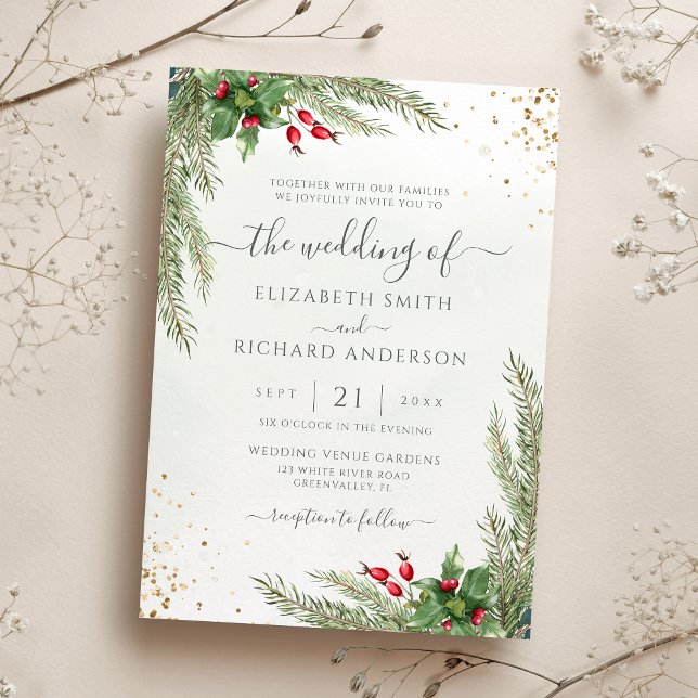 Winter Holiday Botanical Greenery Wedding Invitation (Creator Uploaded)