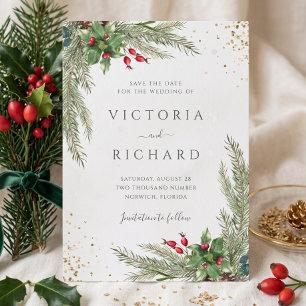 Winter Holiday Botanical Greenery Wedding Save The Date