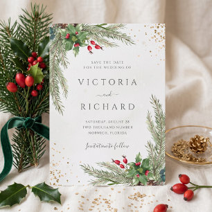 Winter Holiday Botanical Greenery Wedding Save The Date