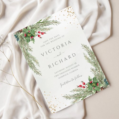 Winter Holiday Botanical Greenery Wedding Save The Date