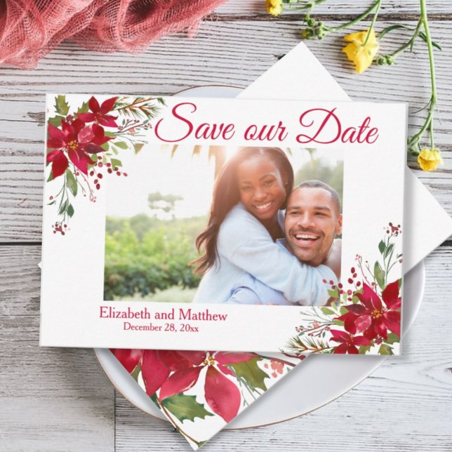 Winter Holiday Burgundy Poinsettia Save the Date (Creator Uploaded)
