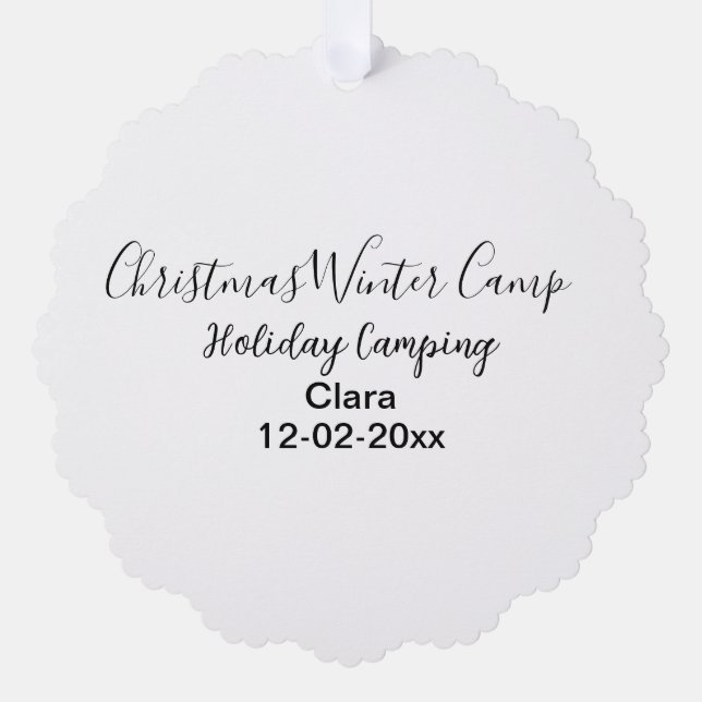 Winter holiday camping custom add name date ornament card (Front)