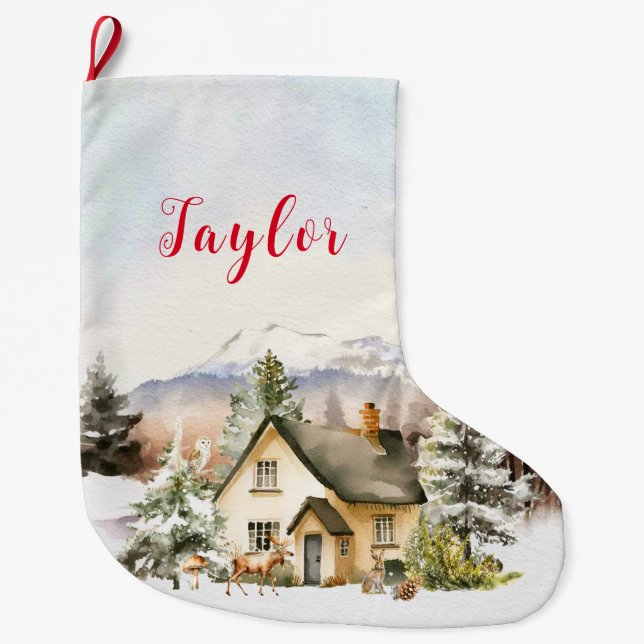 Winter Holiday Christmas Cottage Large Christmas Stocking (Front)