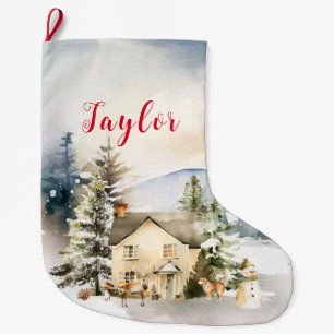 Winter Holiday Christmas Cottage Large Christmas Stocking