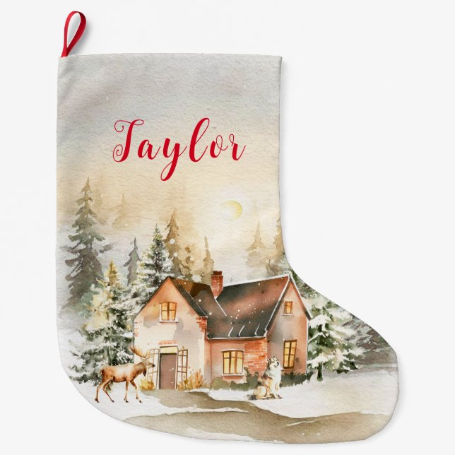Winter Holiday Christmas Cottage Large Christmas Stocking (Front)