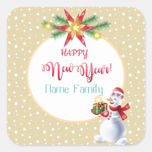 Winter Holiday Christmas  New Year Cute Snowman Square Sticker