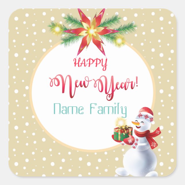 Winter Holiday Christmas & New Year Cute Snowman Square Sticker (Front)