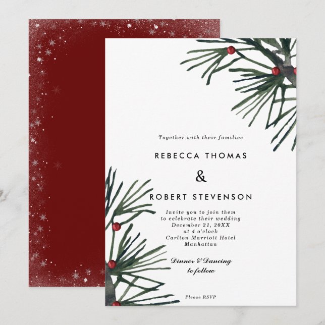 winter holiday christmas pine berry wedding invitation (Front/Back)