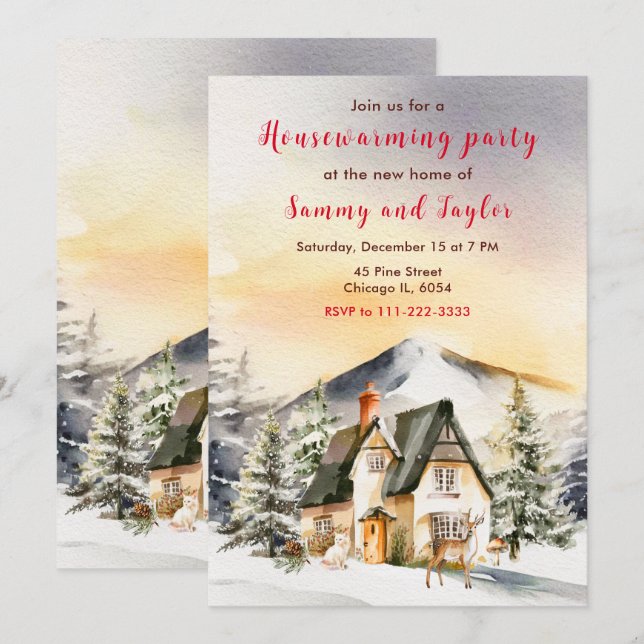 Winter Holiday Cottage Housewarming Party Invitation (Front/Back)