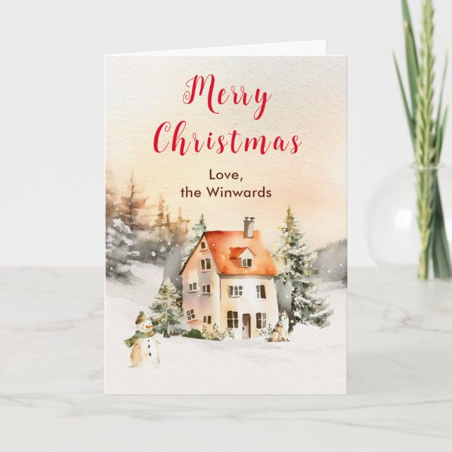 Winter Holiday Cottage Merry Christmas Card (Front)