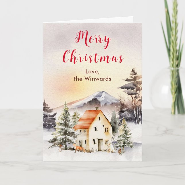 Winter Holiday Cottage Merry Christmas Card (Front)