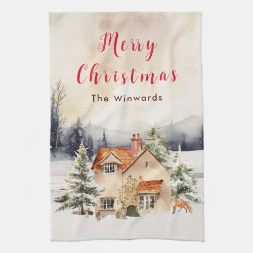 Winter Holiday Cottage Merry Christmas Kitchen Towel