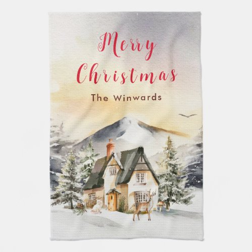 Winter Holiday Cottage Merry Christmas Kitchen Towel