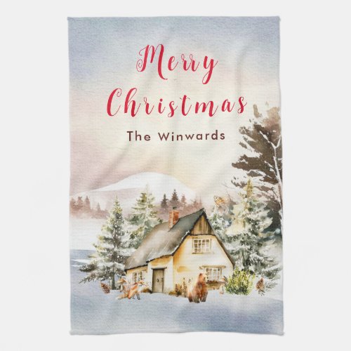 Winter Holiday Cottage Merry Christmas Kitchen Towel