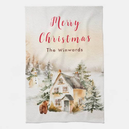 Winter Holiday Cottage Merry Christmas Kitchen Towel