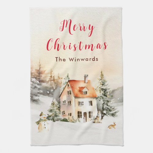 Winter Holiday Cottage Merry Christmas Kitchen Towel