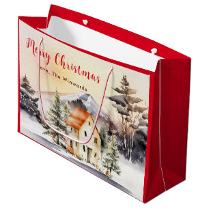 Winter Holiday Cottage Merry Christmas Large Gift Bag