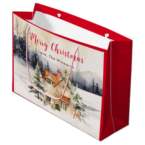 Winter Holiday Cottage Merry Christmas Large Gift Bag