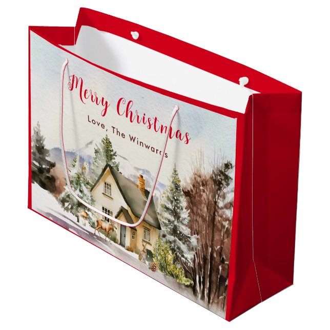 Winter Holiday Cottage Merry Christmas Large Gift Bag (Front Angled)