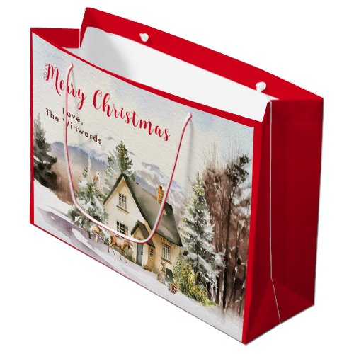 Winter Holiday Cottage Merry Christmas Large Gift Bag