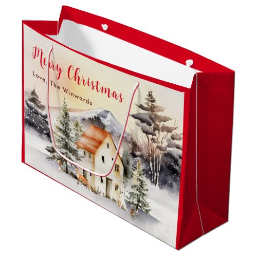 Winter Holiday Cottage Merry Christmas Large Gift Bag