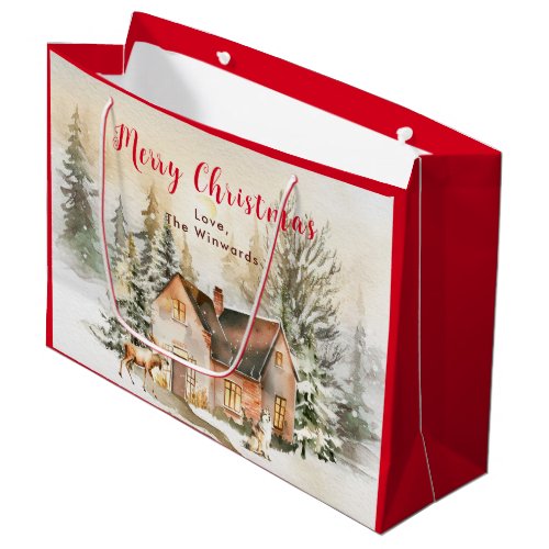 Winter Holiday Cottage Merry Christmas Large Gift Bag