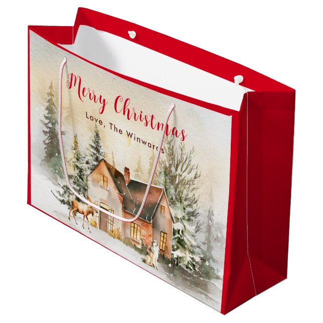 Winter Holiday Cottage Merry Christmas Large Gift Bag (Front Angled)
