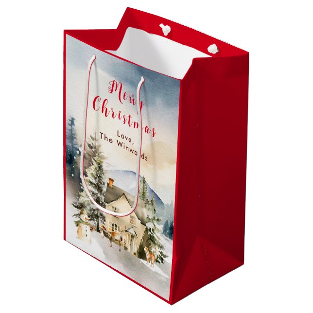 Winter Holiday Cottage Merry Christmas Medium Gift Bag (Front Angled)