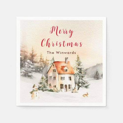 Winter Holiday Cottage Merry Christmas Napkins