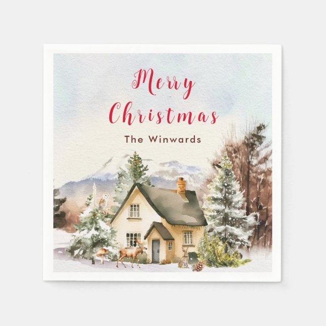 Winter Holiday Cottage Merry Christmas Napkins (Front)