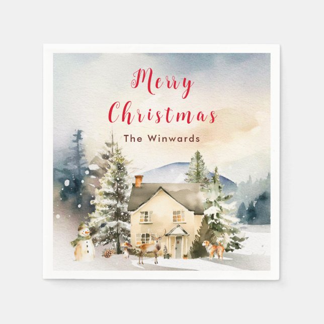 Winter Holiday Cottage Merry Christmas Napkins (Front)