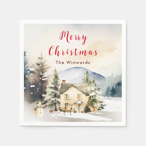 Winter Holiday Cottage Merry Christmas Napkins