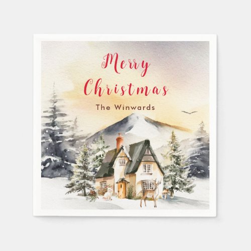 Winter Holiday Cottage Merry Christmas Napkins