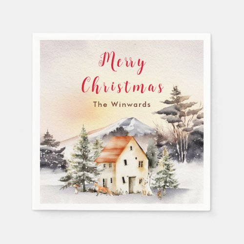 Winter Holiday Cottage Merry Christmas Napkins