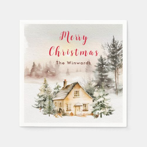 Winter Holiday Cottage Merry Christmas Napkins