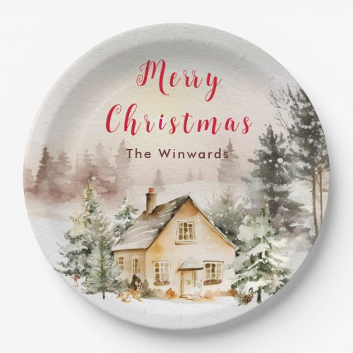 Winter Holiday Cottage Merry Christmas Paper Plates