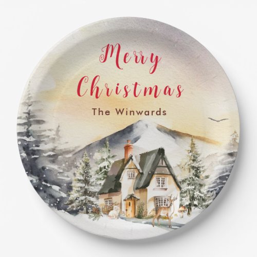 Winter Holiday Cottage Merry Christmas Paper Plates
