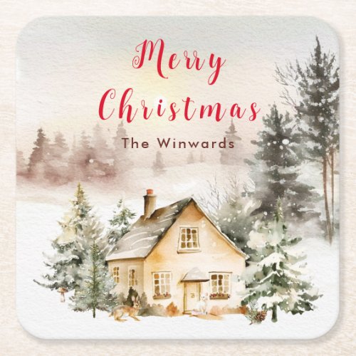 Winter Holiday Cottage Merry Christmas Square Paper Coaster