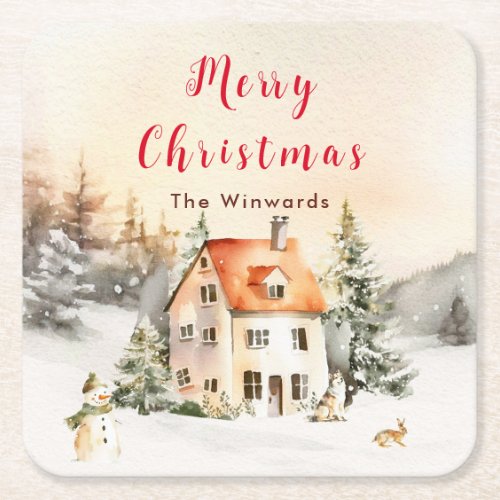 Winter Holiday Cottage Merry Christmas Square Paper Coaster