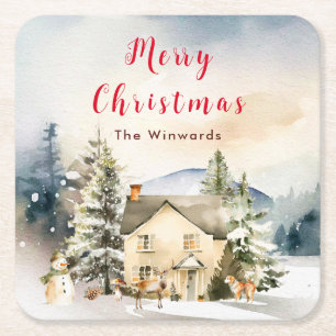 Winter Holiday Cottage Merry Christmas Square Paper Coaster