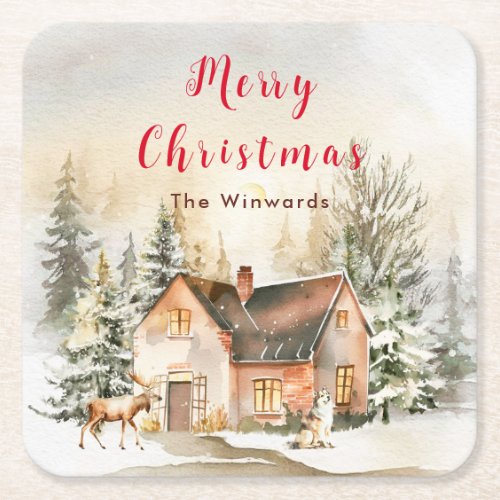 Winter Holiday Cottage Merry Christmas Square Paper Coaster