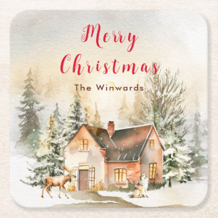 Winter Holiday Cottage Merry Christmas Square Paper Coaster