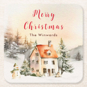 Winter Holiday Cottage Merry Christmas Square Paper Coaster