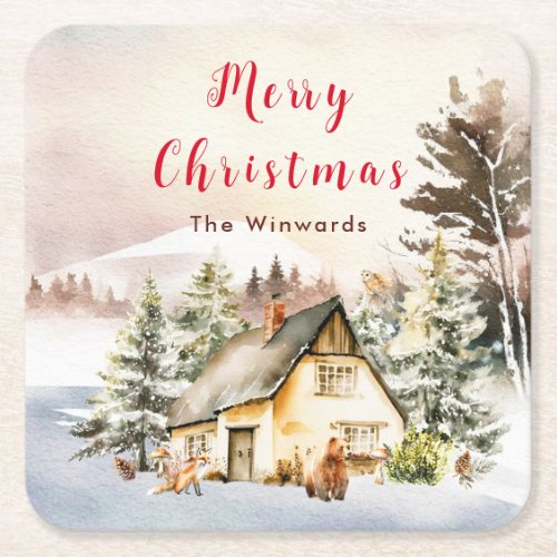 Winter Holiday Cottage Merry Christmas Square Paper Coaster