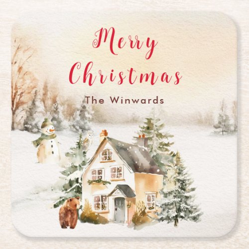 Winter Holiday Cottage Merry Christmas Square Paper Coaster