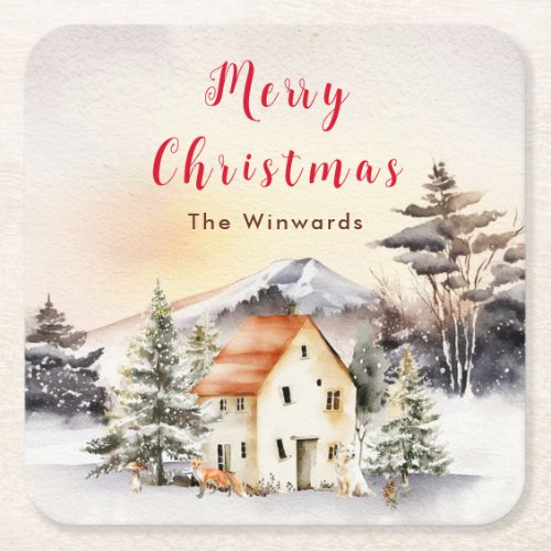 Winter Holiday Cottage Merry Christmas Square Paper Coaster