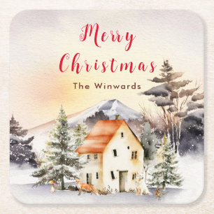 Winter Holiday Cottage Merry Christmas Square Paper Coaster