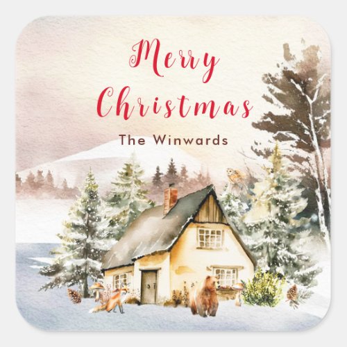 Winter Holiday Cottage Merry Christmas Square Sticker