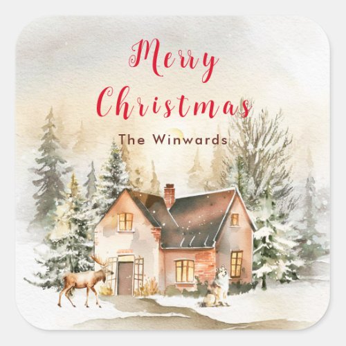 Winter Holiday Cottage Merry Christmas Square Sticker